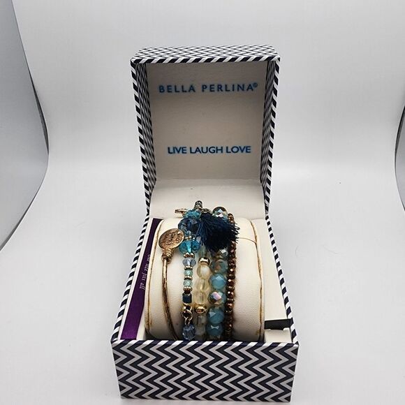 NIB Bella Perlina Blue & Gold Tone Bracelet Set - Picture 1 of 3